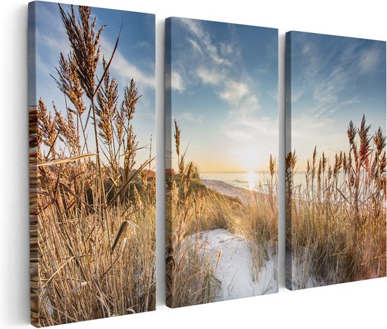 Artaza Canvas Schilderij Drieluik Strand en Zee vanuit Duinen met Zonsondergang - 120x80 - Foto Op Canvas - Canvas Print