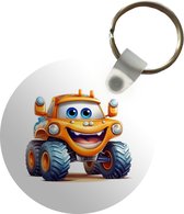 Sleutelhanger rond - Monstertruck oranje - Plastic sleutelhangers voor jongens - Uitdeelcadeautjes kinderen - Cadeautje jongen