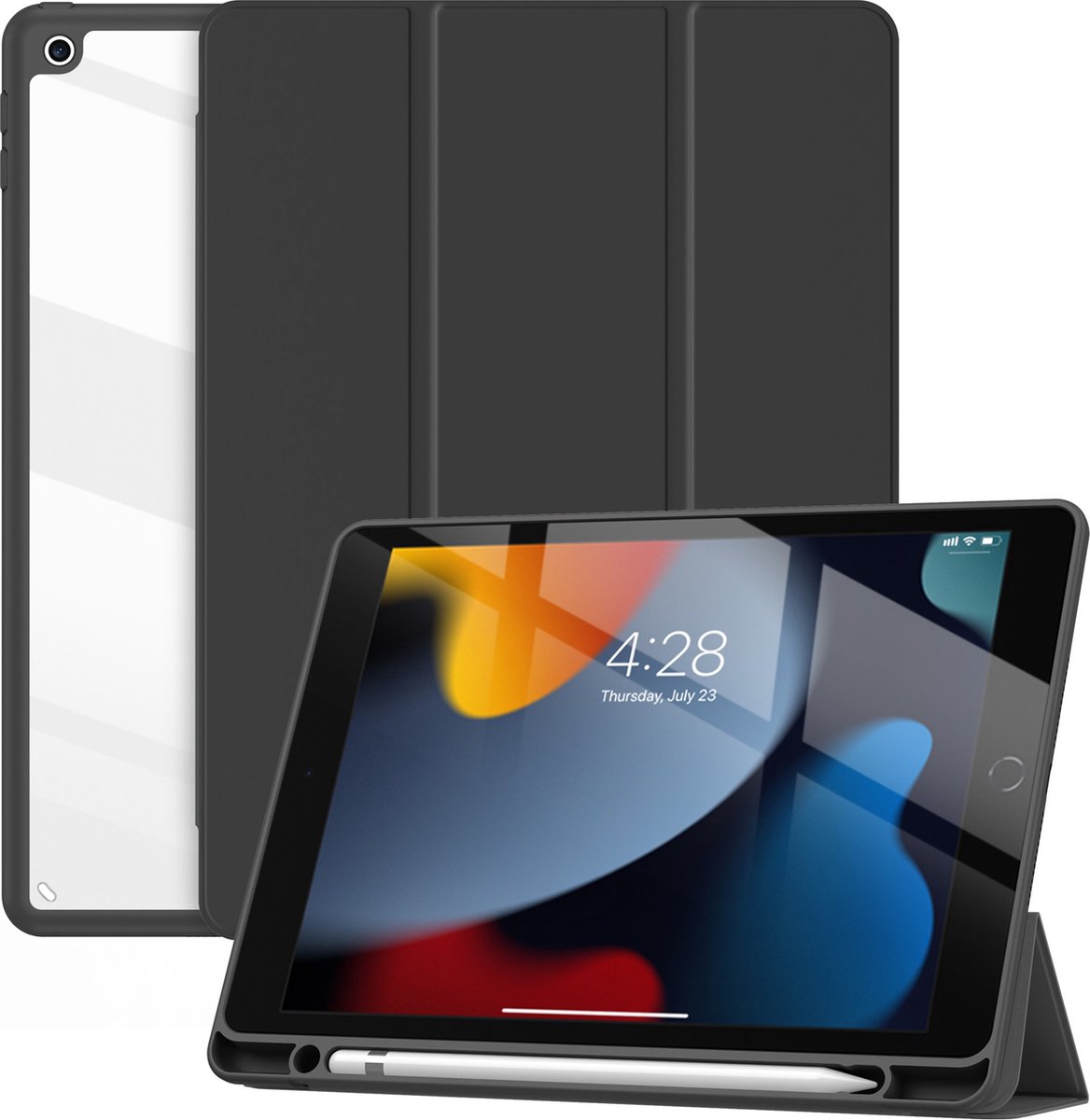 Geschikt Voor iPad Hoes 9/8/7 - 9e/8e/7e Generatie - 10.2 Inch - 2021/2020/2019 - Solidenz Hybrid Bookcase - Cover Met Autowake - Hoesje Met Pencil Houder - A2757 - A2777 - A2696 - Zwart