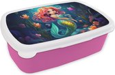 Broodtrommel Roze - Lunchbox Zeemeermin - Bloemen - Onderwater - Meisjes - Kind - Brooddoos 18x12x6 cm - Brood lunch box - Broodtrommels voor kinderen en volwassenen