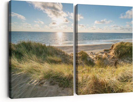 Artaza Canvas Schilderij Tweeluik Strand en Zee vanuit Duinen - 60x40 - Klein - Foto Op Canvas - Canvas Print