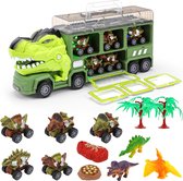 Dinosaurus Truck Speelgoed, Dinosaurus Truck Transport Kit met 5 Pull Back Dinosaurus Auto's 8 Dinosaurus Accessoires Speelgoed montessori Dinosaurus Truck Speelgoed met Muziek en Brullend
