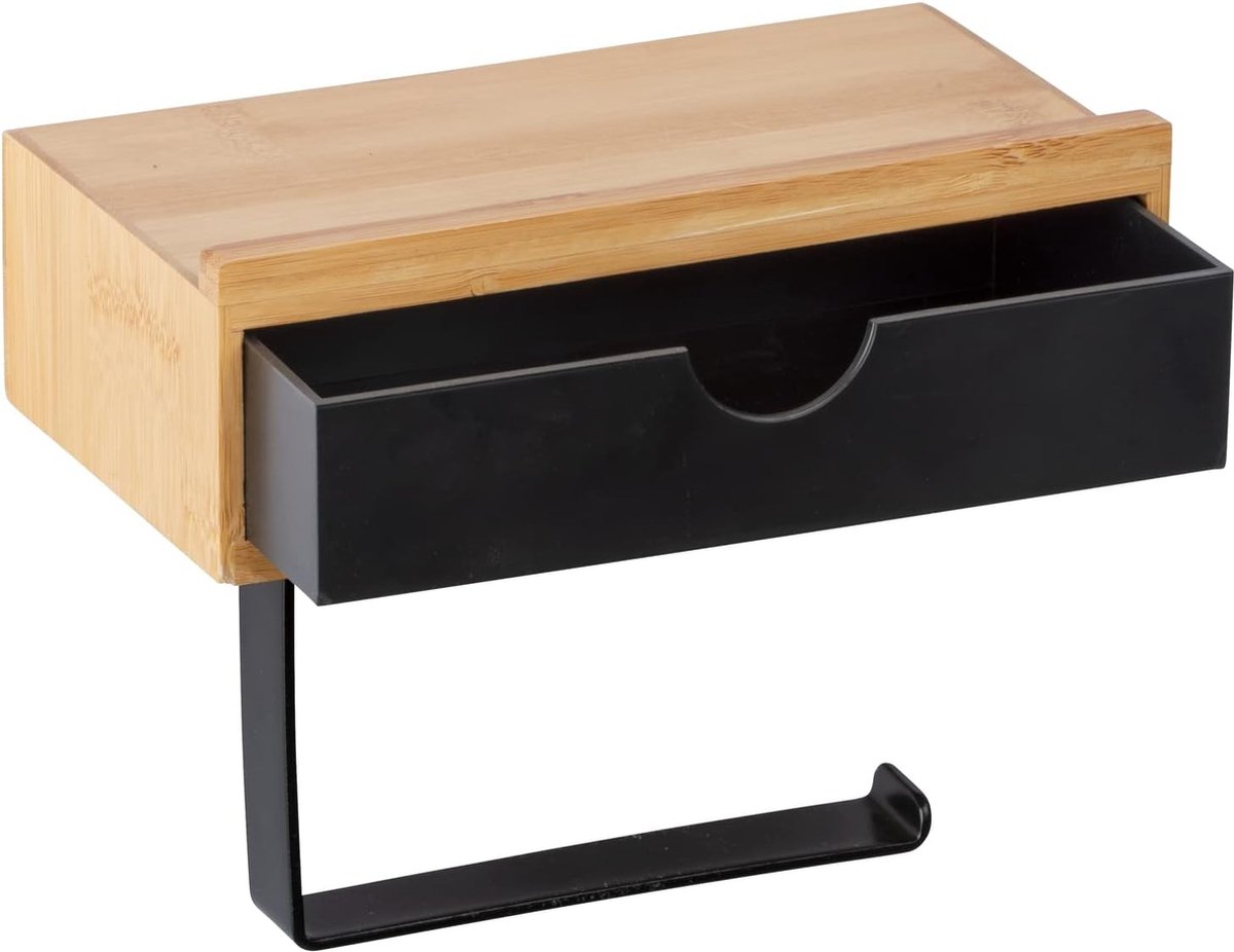 Toiletpapierhouder Bamsa met praktische plank van hoogwaardig bamboe, lade voor vochtige doekjes, houder voor wandmontage, incl. bevestigingsmateriaal, 18,5 x 14 x 10,5 cm, natuur/zwart