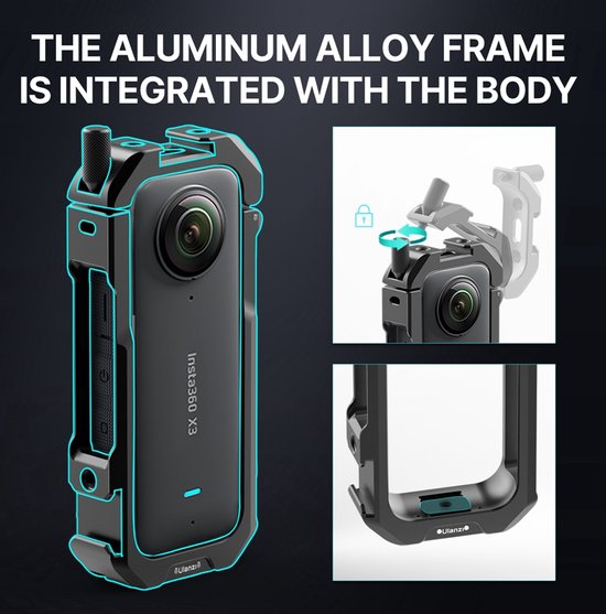 Zwarte metalen aluminium frame cage voor Insta360 X3 met blauwe accenten.
