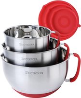 Set of 3 Stainless Steel Non Slip Mixing Bowls with Pouring Spout, Handle and Lid, Red
