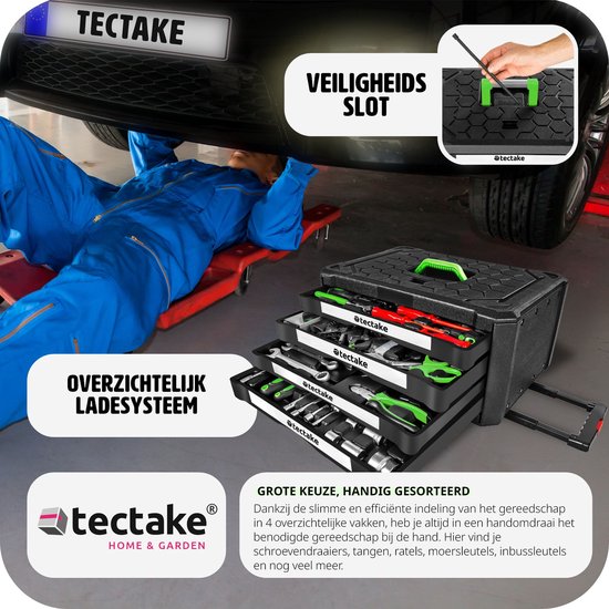 tectake® gereedschapsset in aluminium koffer, gereedschapskoffer gevuld 699-delig, mobiele gereedschapskoffer, telescoopgreep, grote gereedschapskist voor professionals en huishoudens - zwart