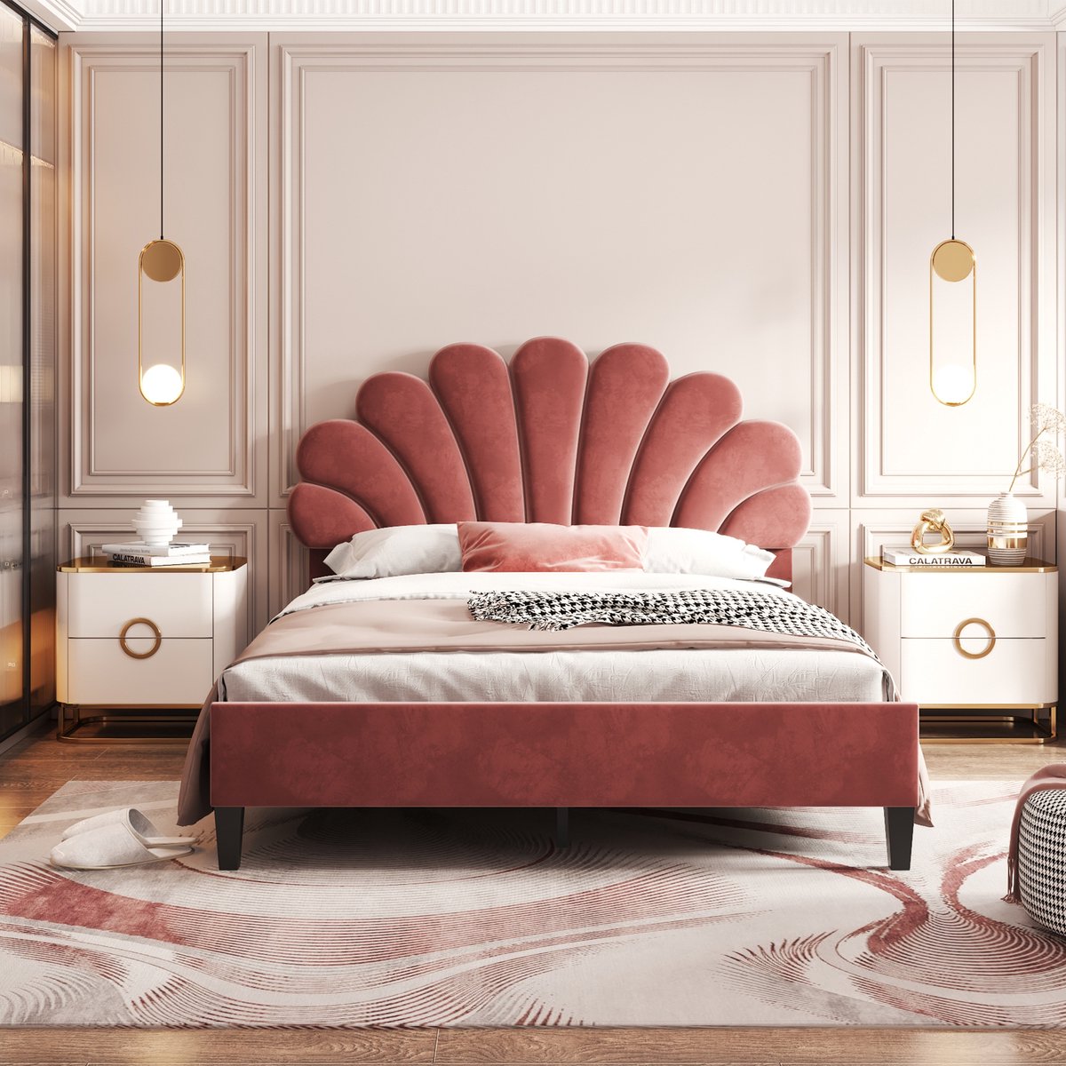 Gestoffeerd bed tweepersoonsbed 140 x 200 cm, bedframe met bloemvormig hoofdeinde en lattenbodem, volwassen-jeugdbed in huidvriendelijke fluwelen stof, logeerbed boonrood