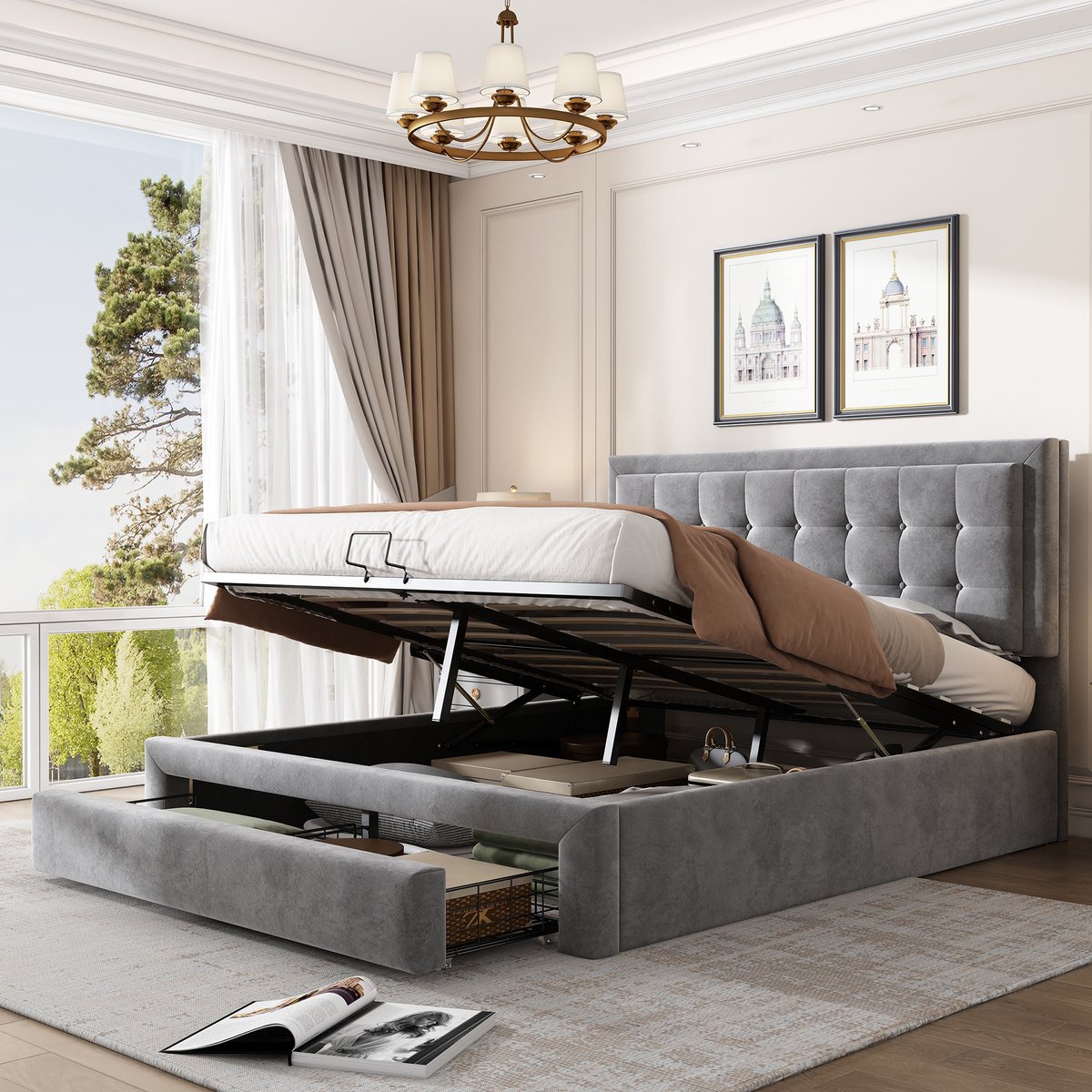 Bed met box en lades, fluwelen stof, gestoffeerd bed, lattenbodem, tweepersoonsbed, grote opbergruimte, 140 x 200 cm, grijs