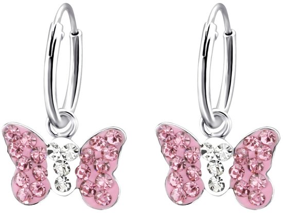 Joy|S - Zilveren vlinder bedel oorbellen - kristal roze vlinder 11 x 8 mm bedel - oorringen 12 mm