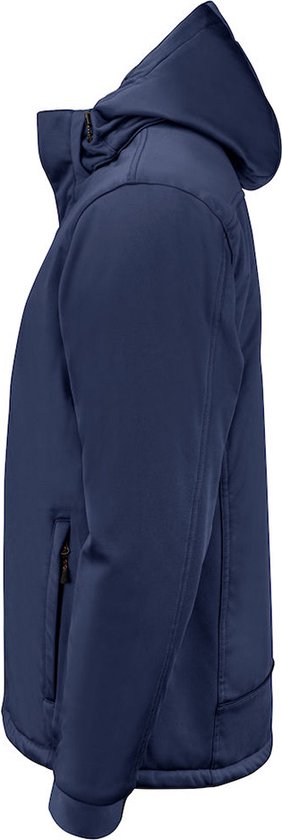 Côté d'une veste d'hiver bleu marine avec capuche et poche zippée.