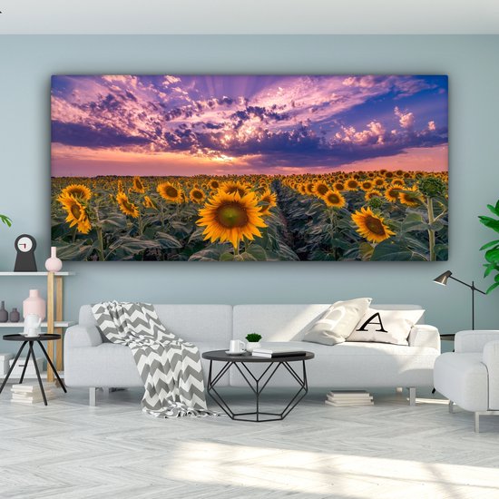Toile - Peinture fleurs - Tournesol - Soleil - Nuages ​​- Soir - Décoration murale - Photo sur toile - Canvasdoek - 160x80 cm - Salon