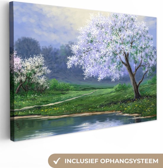 Canvas - Canvas doek - Bloesemboom - Water - Olieverf - Canvas natuur - 180x120 cm - Schilderijen op canvas - Muurdecoratie