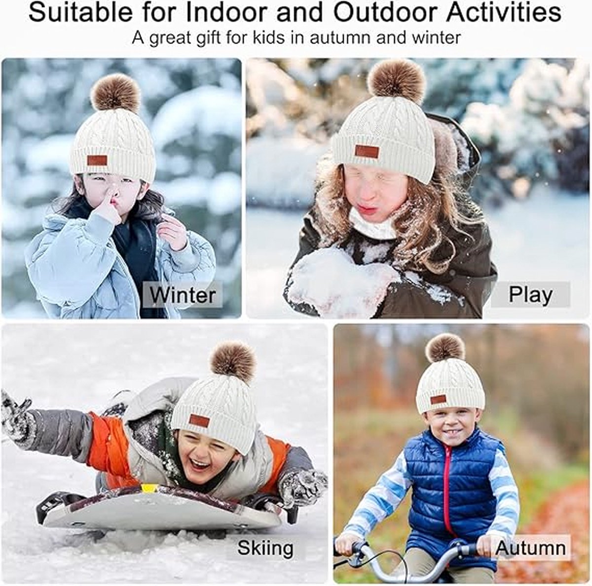 Bonnet Cagoule 3 En 1 Pour Fille - Hiver Chaud, Pompon, Réglable - 3 à 8 Ans (jaune) - Parfait Ski Et Jeux Neige