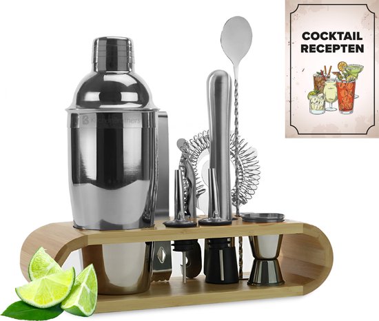 Foto: Kitchenbrothers cocktail set 11 delig complete set cocktail shaker 750ml lichtbruin bamboe met receptenboekje cadeauverpakking