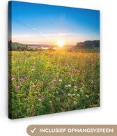 Canvas Schilderij Zon - Gras - Bloemen - 20x20 cm - Wanddecoratie