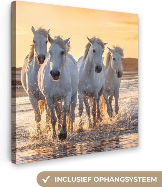 Canvas Schilderij Paarden - Water - Strand - Dieren - 20x20 cm - Wanddecoratie