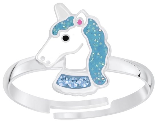 Joy|S - Zilveren eenhoorn ring - blauw glitter - unicorn - verstelbaar - voor kinderen