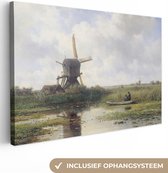 Canvas - Schilderij Molen - Polderlandschap met molen bij Abcoude - Willem Roelofs - Oude meesters - Kunst - 140x90 cm - Wanddecoratie - Woonkamer