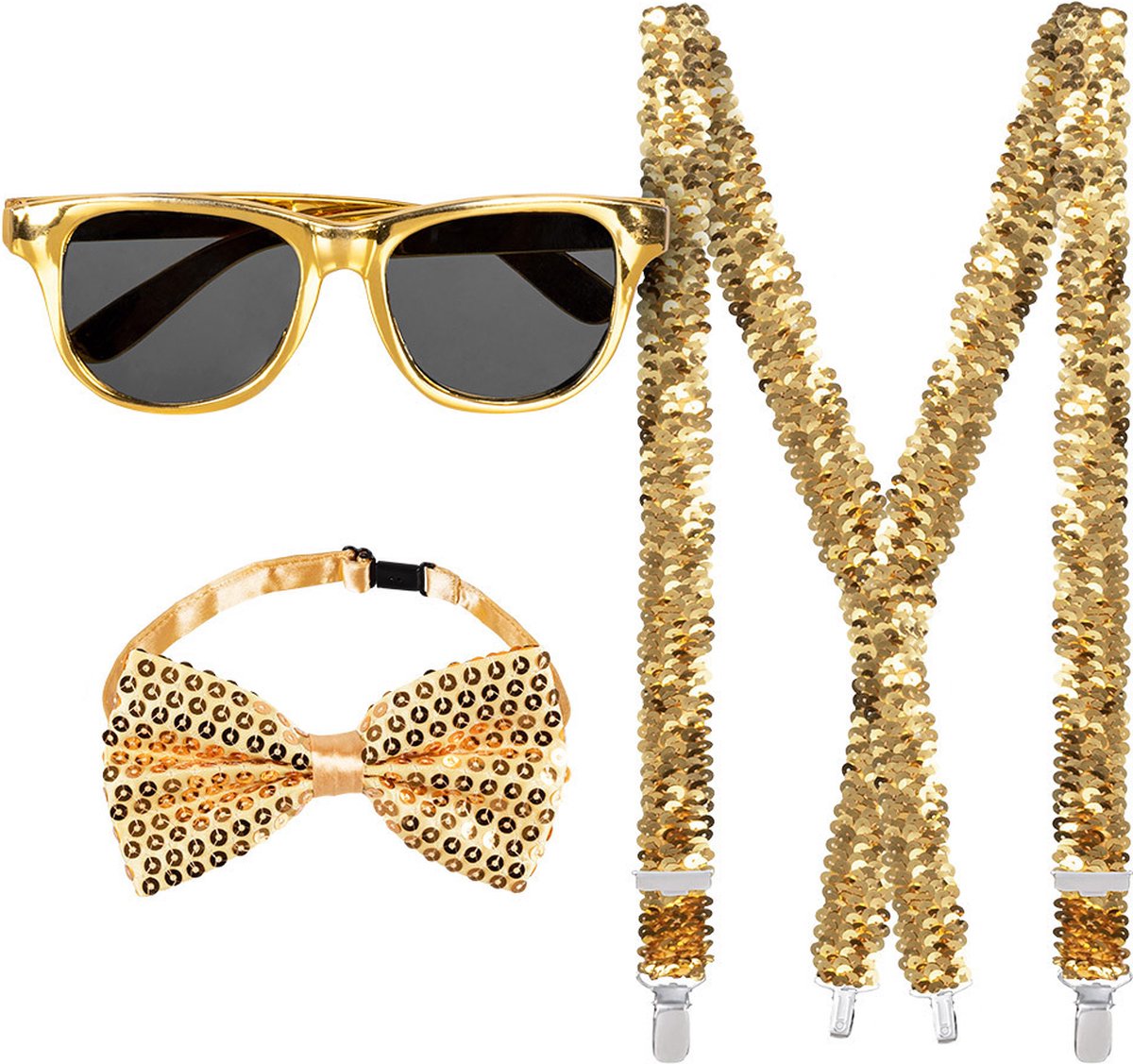 Carnaval verkleed set compleet - glitter hoedje/bretels/party bril/strikje - goud - heren/dames - verkleedkleding — afbeelding 3
