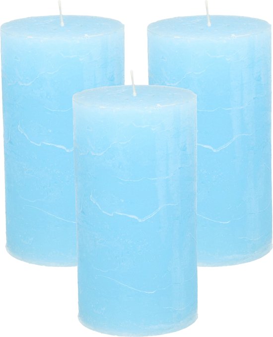 Stompkaars/cilinderkaars - 3x - licht blauw - 7 x 13 cm - rustiek model