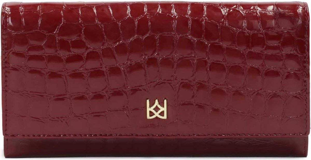 Maroon patent wallet with embossed pattern