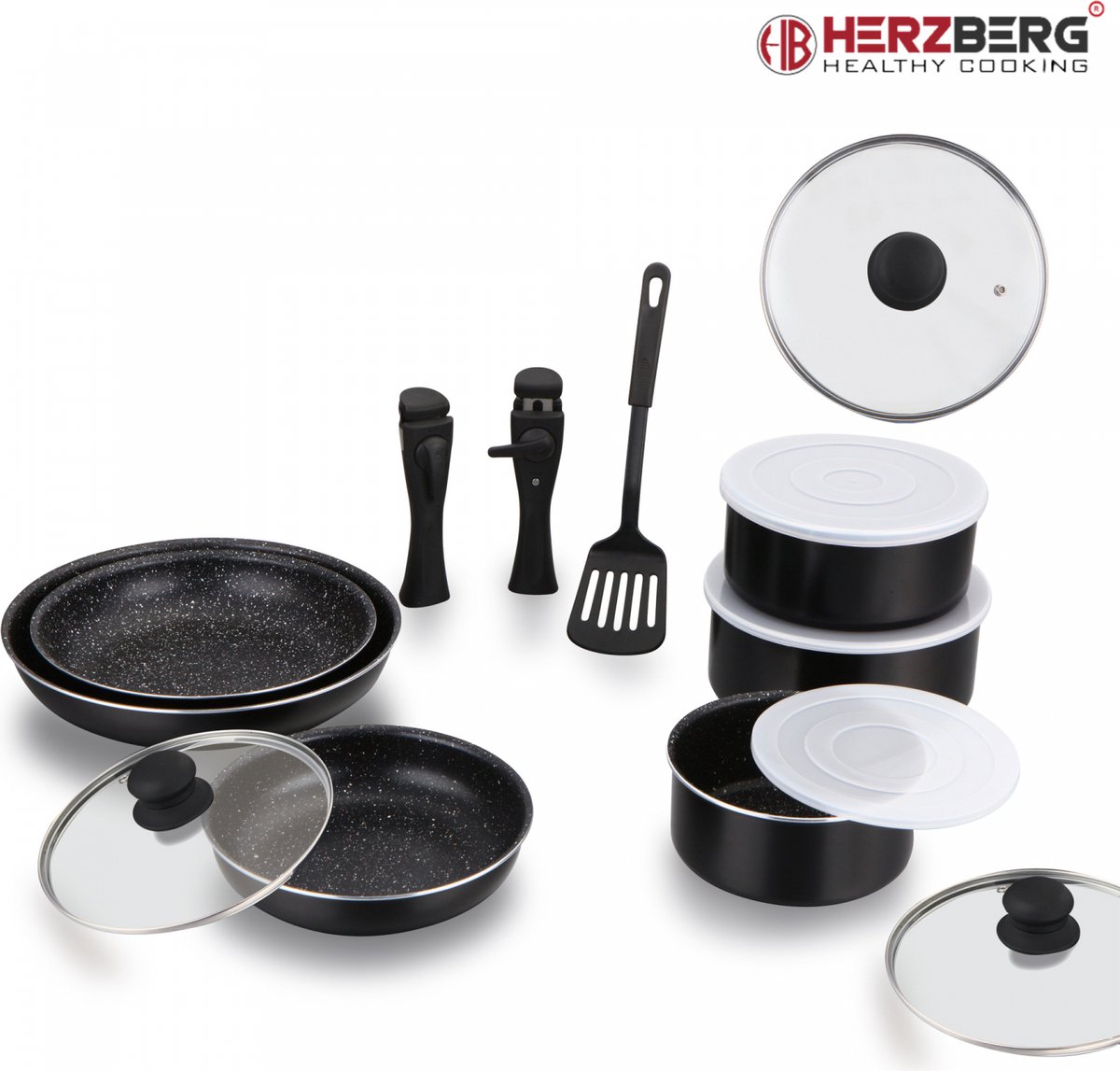 Herzberg - Batterie Cuisine 8 Pièces Revêtement Pierre Noir - Poignées Amovibles Et Empilable