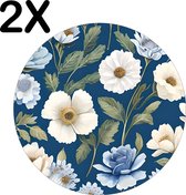 BWK Stevige Ronde Placemat - Blauw - Wit - Bloemen Patroon - Set van 2 Placemats - 50x50 cm - 1 mm dik Polystyreen - Afneembaar