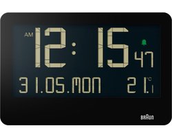 Braun BC14B - Wandklok - Tafelklok - Digitaal - LCD - Kalender- en temperatuurfunctie - Pieptoonalarm • 12/24H - Uitklapbare standaard - Wekkerfunctie - Snooze - Zwart