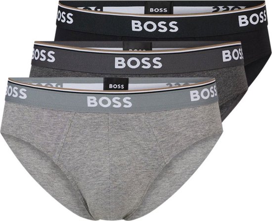 Drie BOSS slips: zwart, donkergrijs en grijs, elk met logo band.