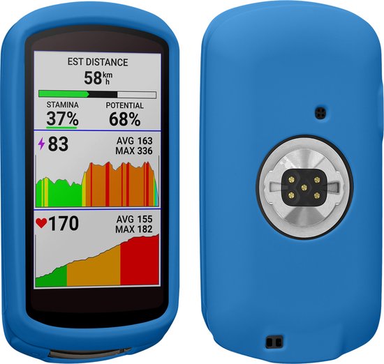 Voor- en achterkant van een blauw siliconen hoesje voor een fietscomputer, met laadpoorten zichtbaar aan de achterkant.