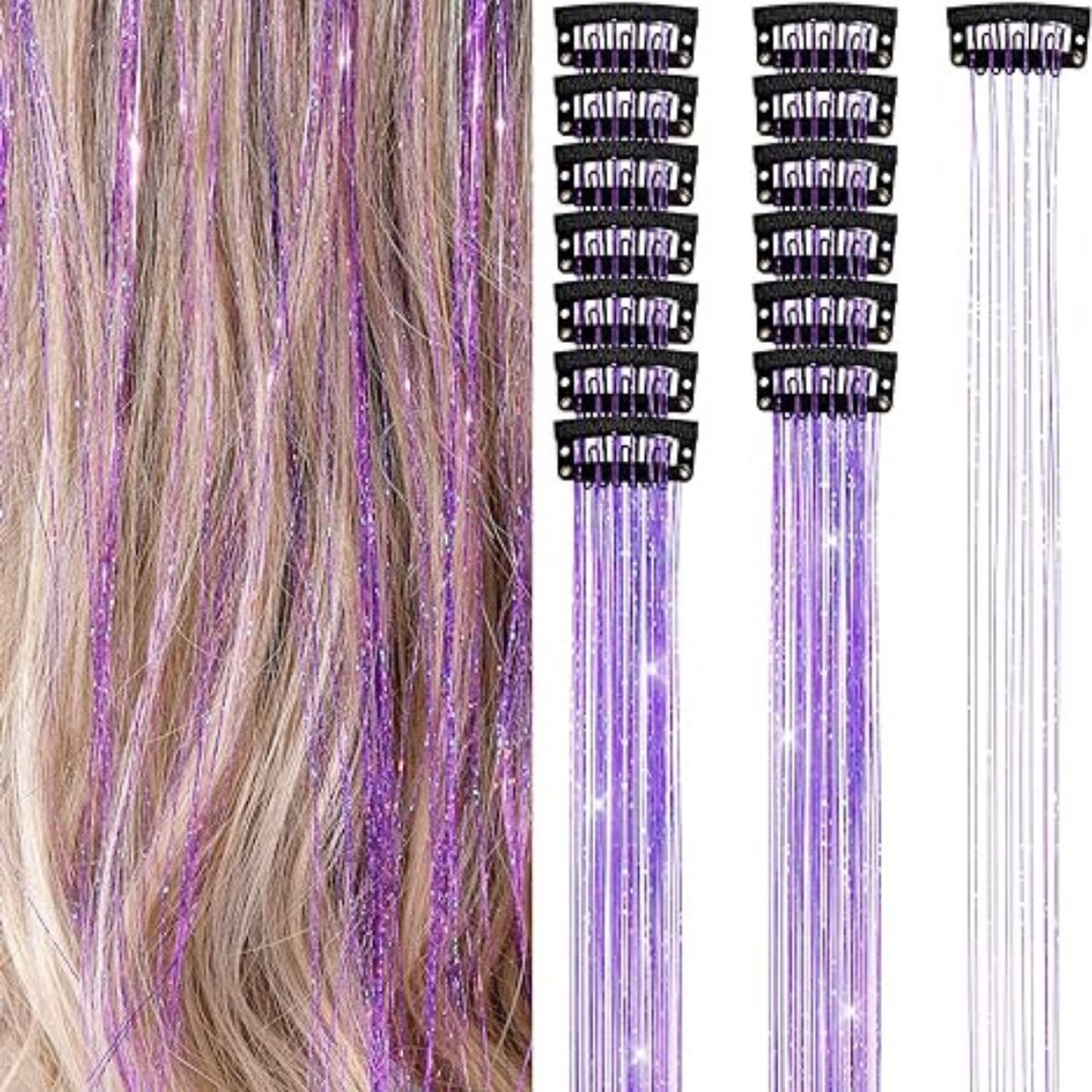 2 x clip-in PAARSE Hair Tinsels - Glitter Extensions - Glitterhaar - Glitter Haar Extensions - clip extensions paars