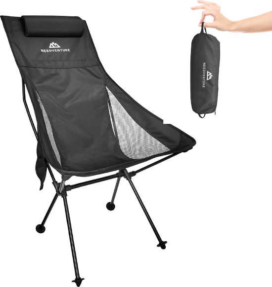 Needventure Campingstoel - Strandstoel - Visstoel - Vouwstoel - Opvouwbaar - Inklapbaar - Lichtgewicht - Hoge Neksteun - Zwart