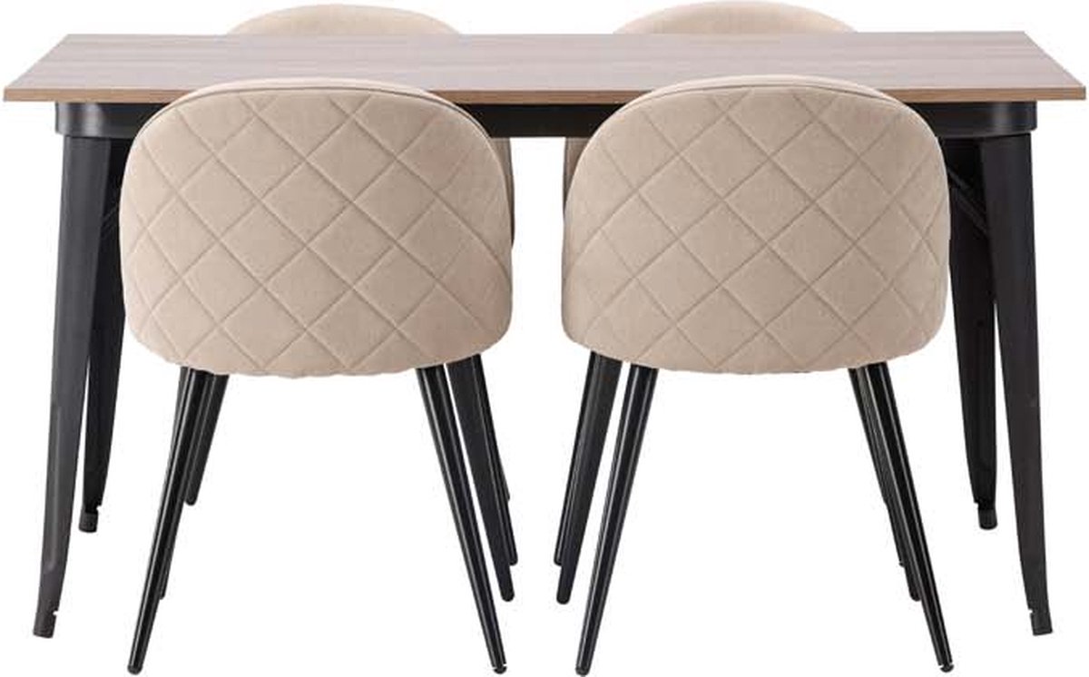 Tempe eethoek tafel okkernoot decor en 4 Velvet stoelen beige.