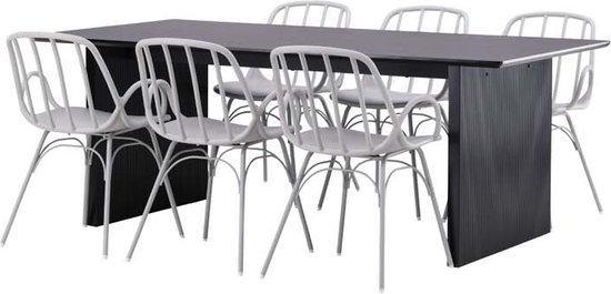 Vail eethoek tafel zwart en 6 Dyrön stoelen grijs.