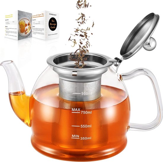 Theepot van glas 2000 ml, glazen theepot met theezeef, glazen theepot