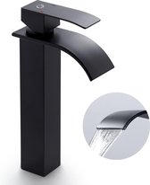 Robinet cascade haut de salle de bain noir, robinet de lavabo cascade en acier inoxydable avec bec hauteur 185 mm de haut, mitigeur cascade eau chaude et froide, accessoires inclus