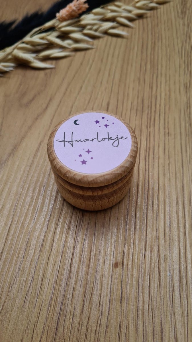 Haarlokje Bewaarpotje - Houten Bewaardoosje | haartjes | haarlokdoosje | opdruk: sticker Licht roze | bewaarpotje | haarlokpotje