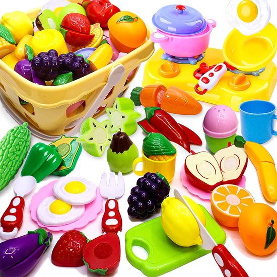 LINFUN KIDS Fruit Snijset Houten Speelgoed voor 2 Jaar Oude Peuters, Voedsel Speelgoed Kinderen Rollenspel Keuken Accessoires met Manden Geschenken leeftijd 3 4 5 Jongens Meisjes