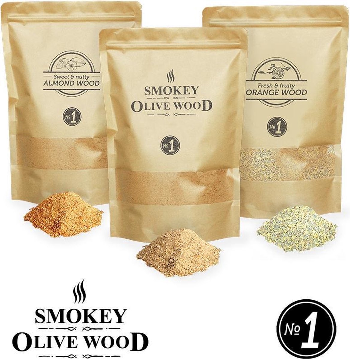 3X Smokey Olive Wood - Rookmot - 1,5L, 50% olijfhout en 50% Beuk + 1,5L Sinaasappel + Amandel 1,5L - Rookmeel fijn ø 0-1mm - Smokey Olive Wood