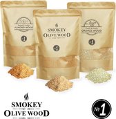 3X Smokey Olive Wood - Rookmot - 1,5L, 50% olijfhout en 50% Beuk + 1,5L Sinaasappel + Amandel 1,5L - Rookmeel fijn ø 0-1mm