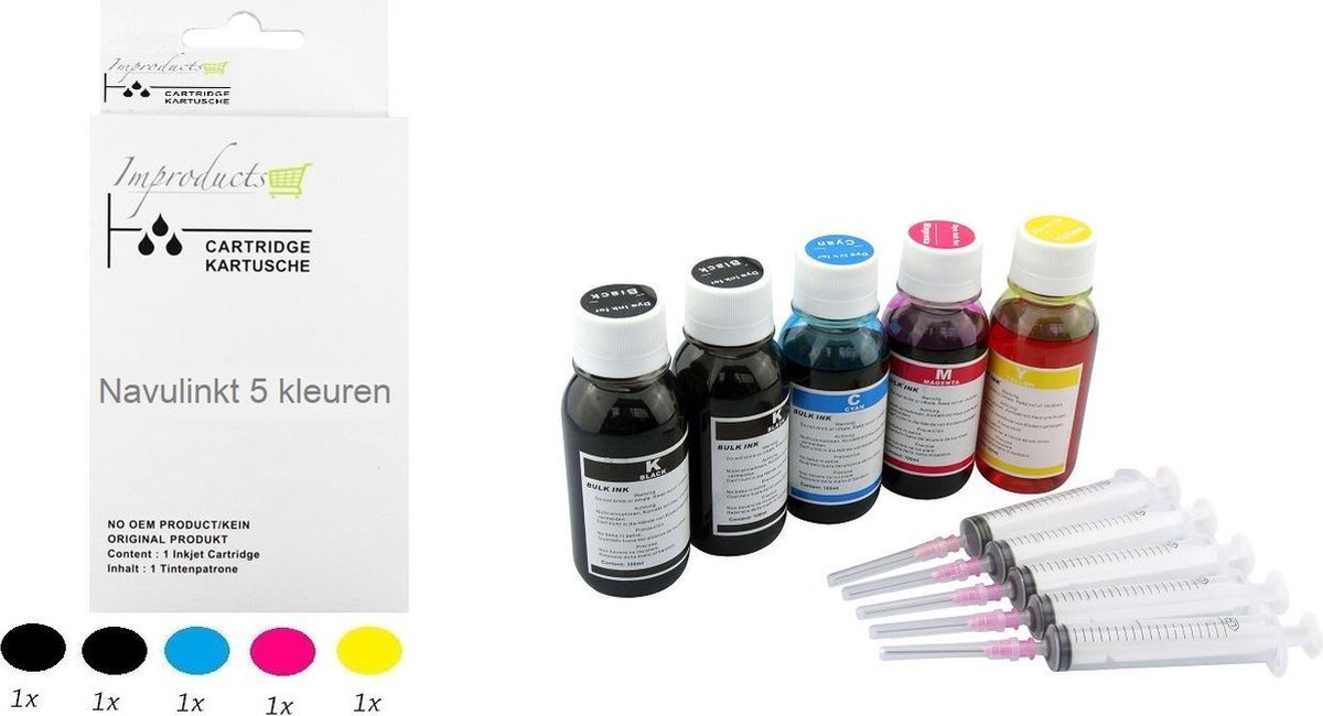 Improducts® Navulinkt - Alternatief voor Epson set 5x 100ml BK photo , BK, CY, MA, YE