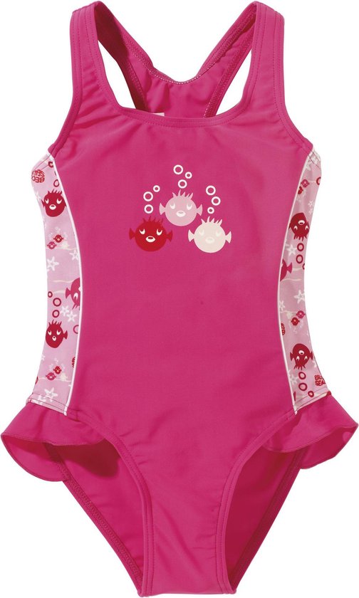 Roze badpak met drie vrolijke vissenprintjes en bubbels op de voorkant, met ruches aan de onderkant.