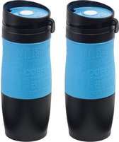 2x Thermosbekers/warmhoudbekers blauw/zwart 380 ml - Thermo koffie/thee isoleerbekers dubbelwandig met schroefdop