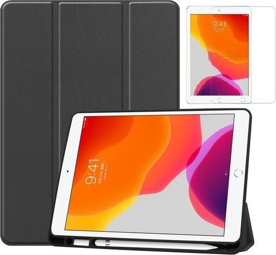 Tablet hoes geschikt voor iPad 10.2 inch 2019 / 2020 / 2021 - Tri-Fold Book Case met Apple Pencil houder + Screenprotector - Zwart