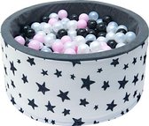 Ballenbak - stevige ballenbad - sterrenpatroon -90 x 40 cm - 400 ballen Ø 7 cm - roze, wit, zwart en zilver