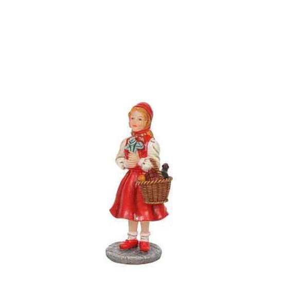 Figuur van Roodkapje in rode jurk, met mandje en bosje bloemen.