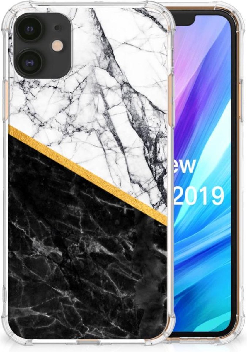 Apple iPhone 11 Anti-Shock Hoesje Marmer Wit Zwart - Origineel Cadeau Man