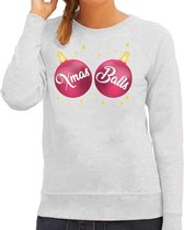 Foute kersttrui / sweater grijs met roze Xmas balls borsten voor dames - kerstkleding / christmas outfit S (36)