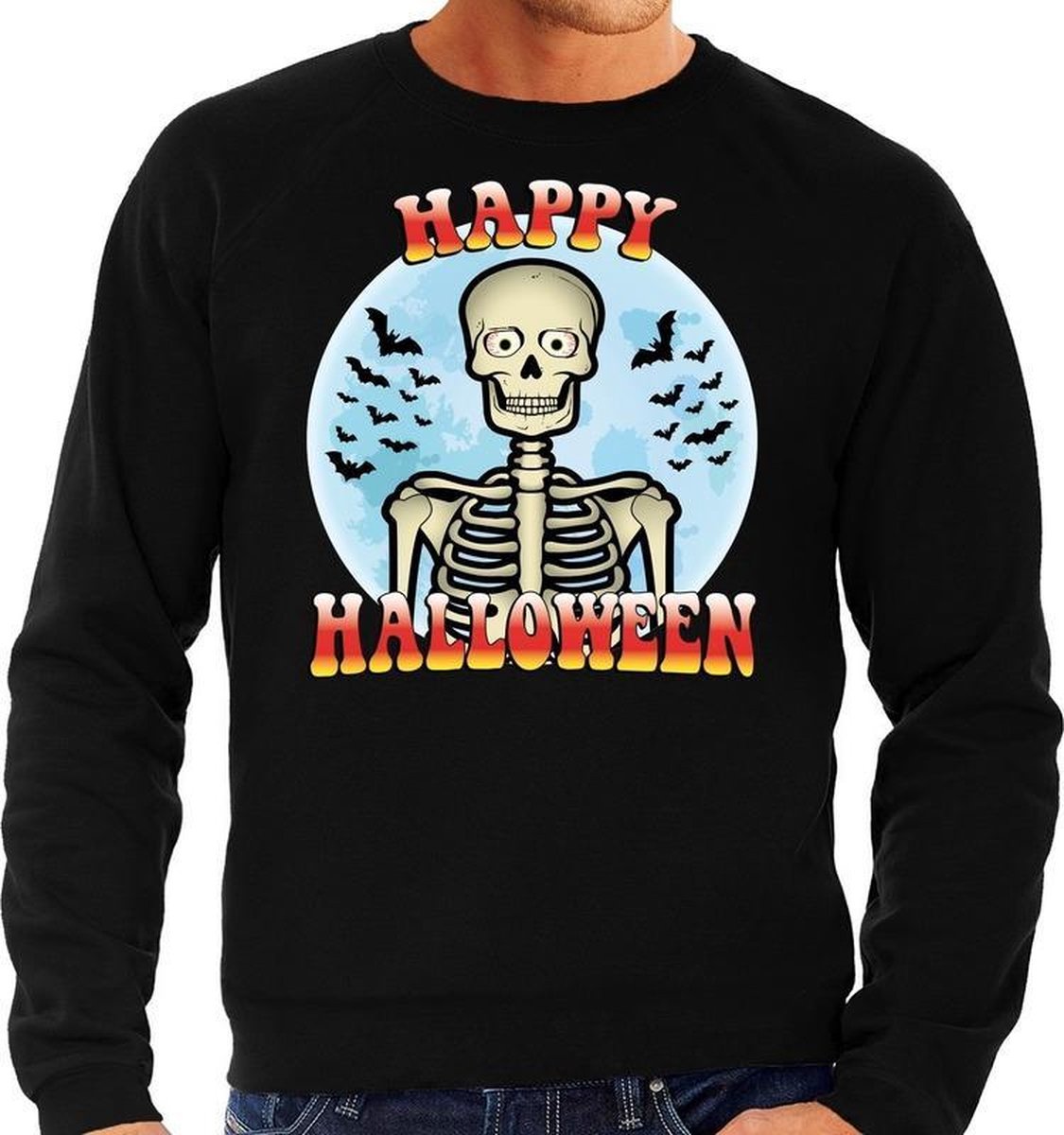Afbeelding van product Bellatio Decorations  Halloween - Happy Halloween skelet verkleed sweater zwart voor heren - horror skelet trui / kleding / kostuum L  - maat L