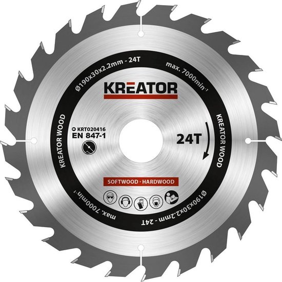 Kreator cirkelzaagblad 190x30mm 24T, max. 7000 tpm, voor zacht- en hardhout.